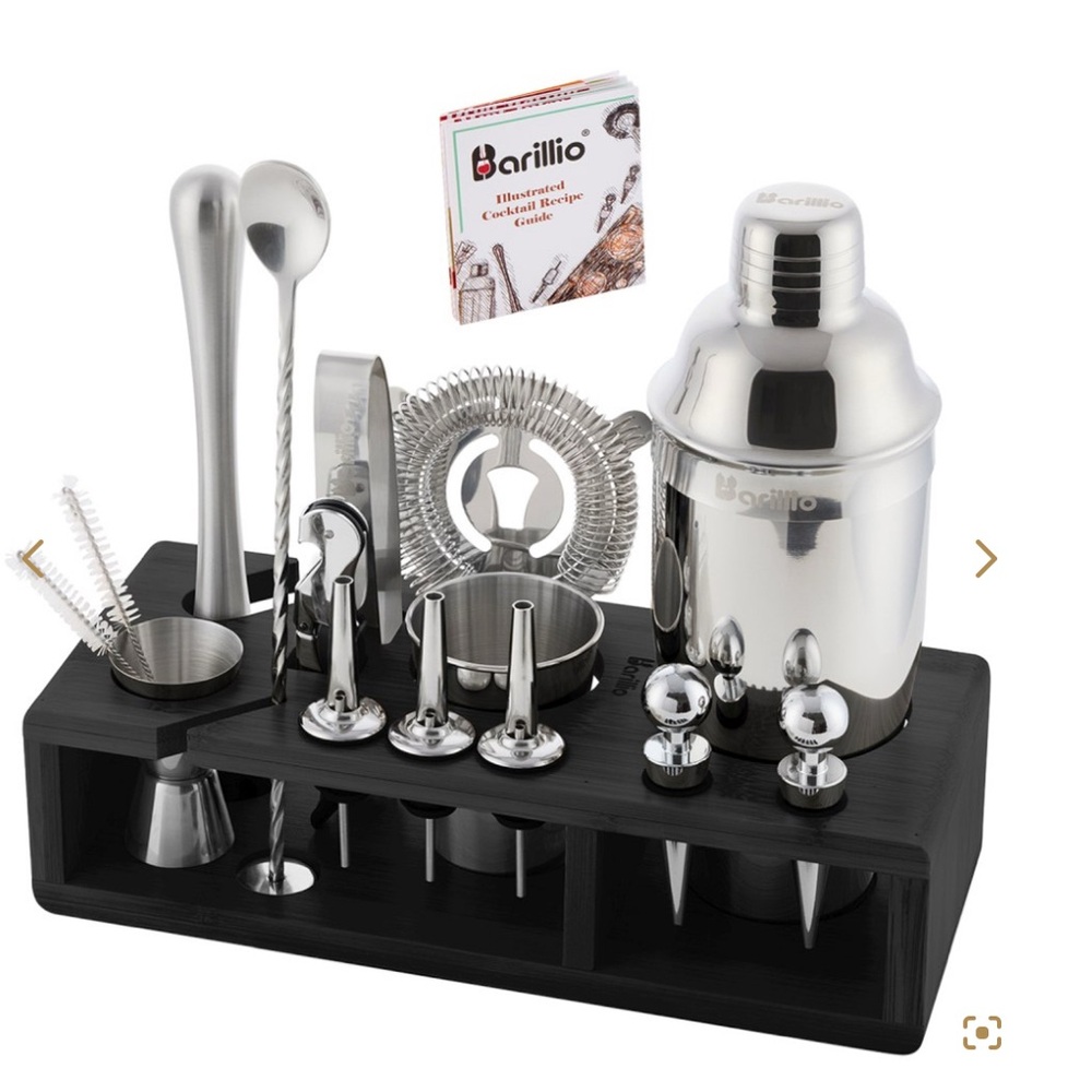 Barillio Mixology Silver Bartender Kit with Black Bamboo Stand